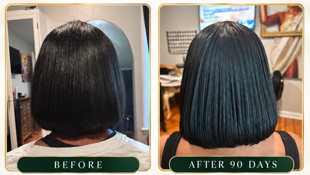 Before and after photographs from a client’s 90-day Crown Revival hair-care routine